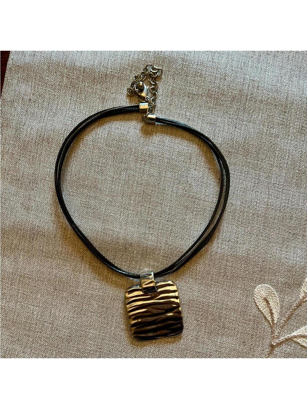 Silver Square Pendant Necklace – Black Multi-Layer Leather Cord